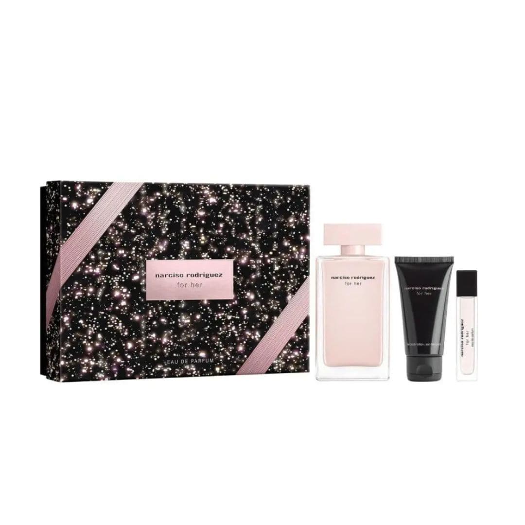 NARCISO RODRIGUES FOR HER EAU DE PARFUM 100ML + BODY LOTION 50ML + TRAVEL SIZE 10ML COFFRET