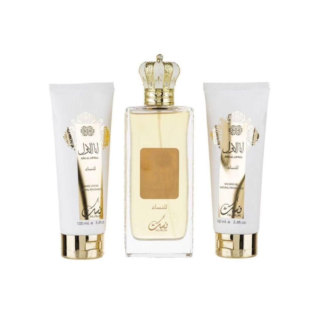 NUSUK GIFT SET ANA AL AWWAL BODY LOTION NATURAL FRAGRANCE 100 ML + SHOWER GEL NATURAL FRAGANCE 100 ML + PARFUM ANA AL AWWAL 100 ML